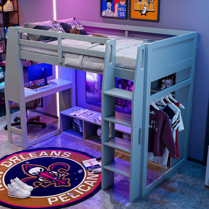 Gaming Loft Bed with Desk by HouseOfZazla, blue frame and LED lighting with storage shelves on Tampa Home & Garden Store