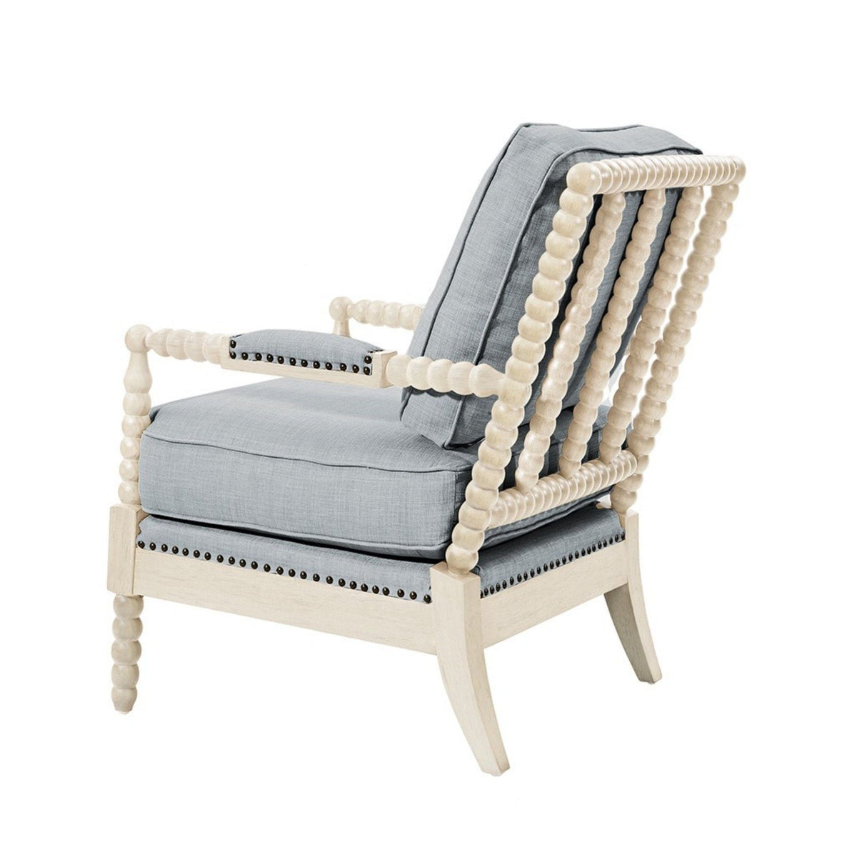 Open-Back Spindle Arm Chair with padded armrests light blue gray cushions beige wood frame on Tampa Home & Garden Store