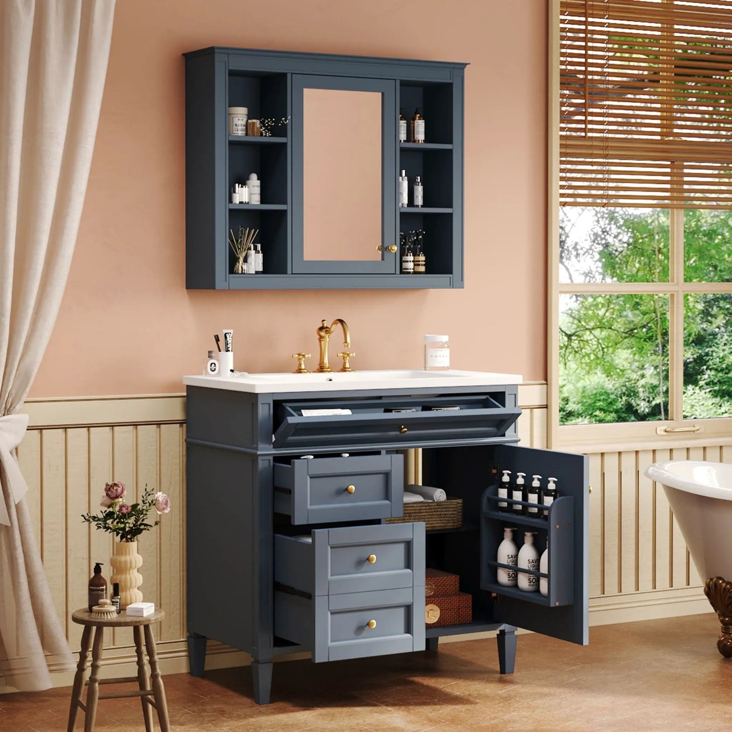 Blue-gray bathroom vanity with mirror cabinet, single sink, 2 soft-close doors and 4 drawers on Tampa Home & Garden Store