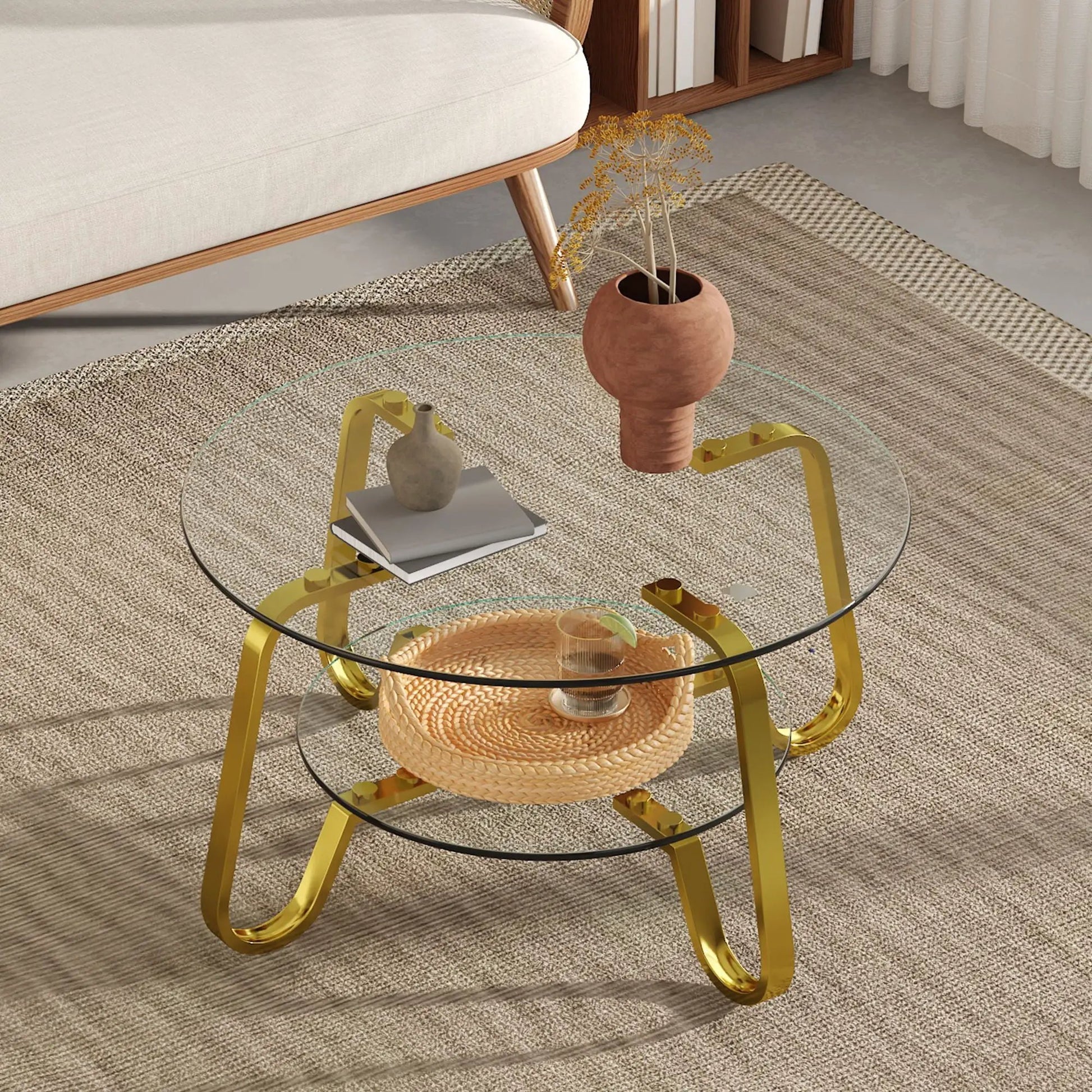 Double Layer Coffee Table with round glass top and gold legs; woven basket shelf on Tampa Home & Garden Store