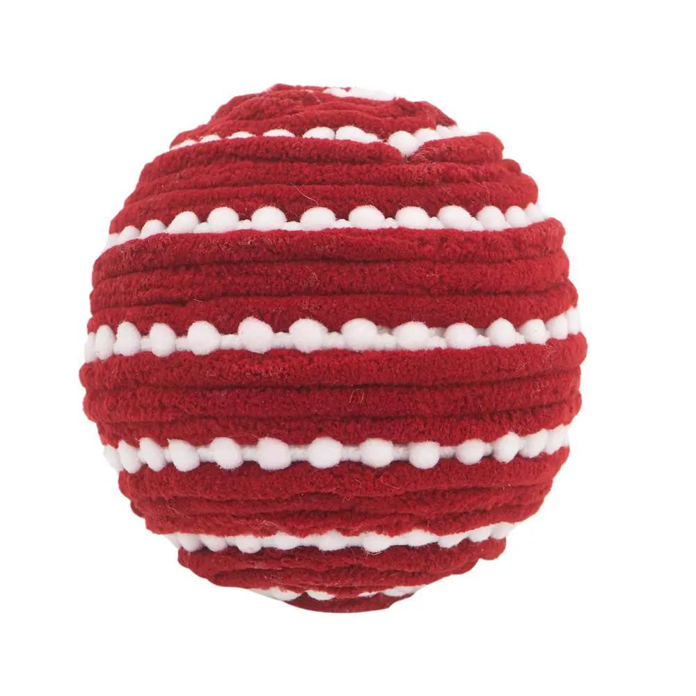 Red knitted Christmas ball ornament with white pompom stripes on Tampa Home & Garden Store