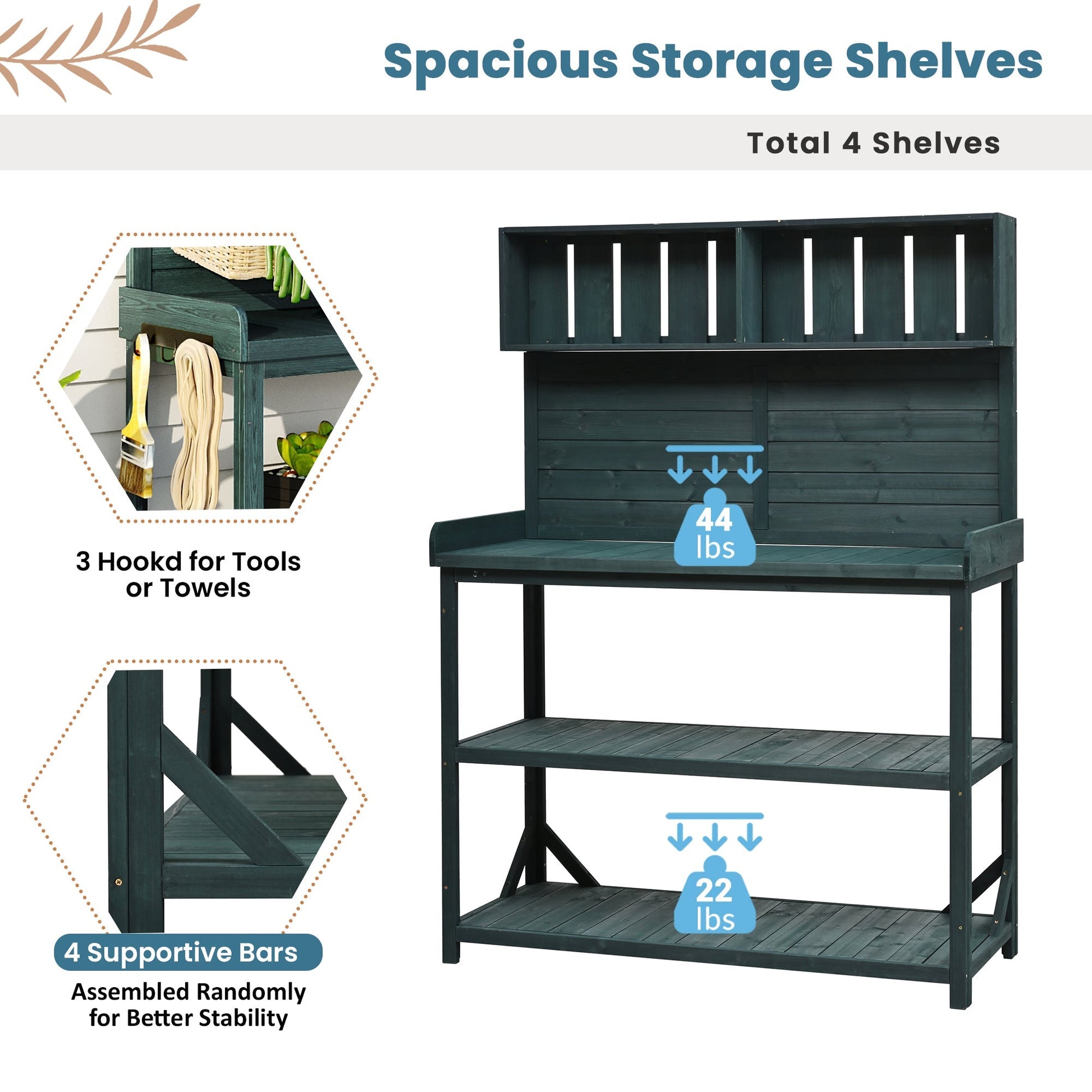 TOPMAX 65in wooden farmhouse outdoor potting bench in dark teal by HouseOfZazla with tool hooks on Tampa Home & Garden Store