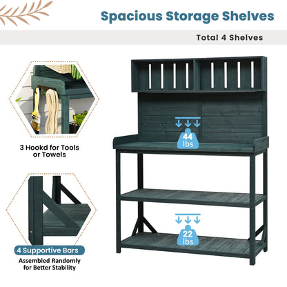 TOPMAX 65in wooden farmhouse outdoor potting bench in dark teal by HouseOfZazla with tool hooks on Tampa Home & Garden Store