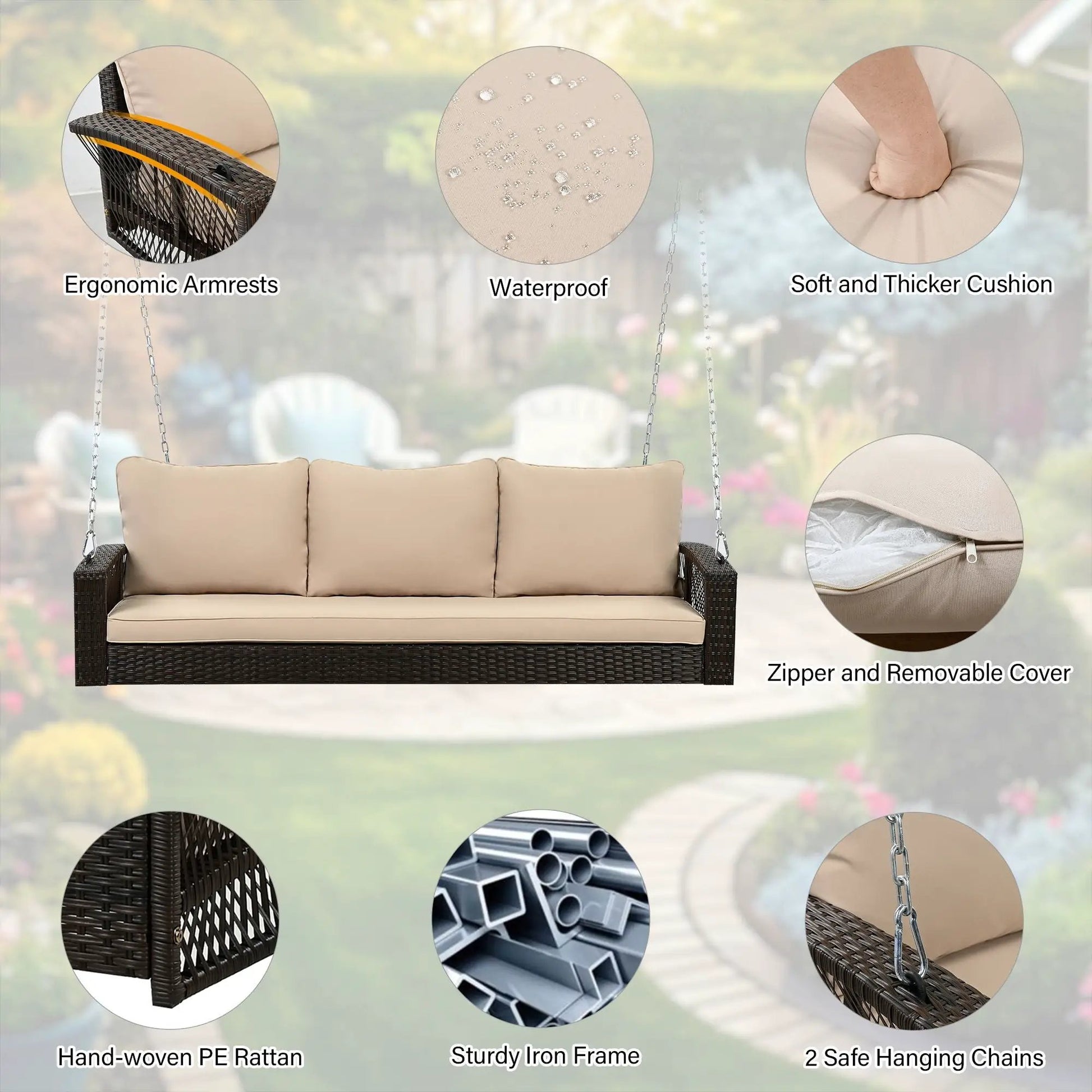 3-person patio swing bench beige cushions woven PE rattan iron frame Unique Piece Furniture on Tampa Home & Garden Store
