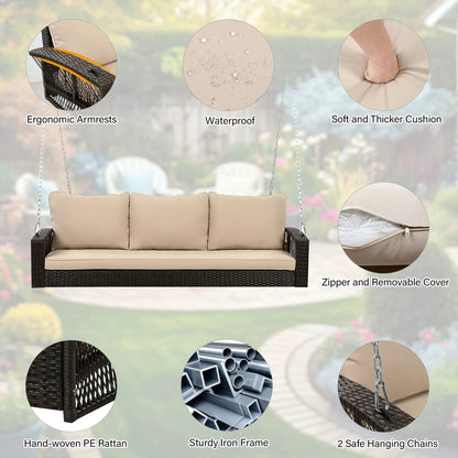 3-person patio swing bench beige cushions woven PE rattan iron frame Unique Piece Furniture on Tampa Home & Garden Store