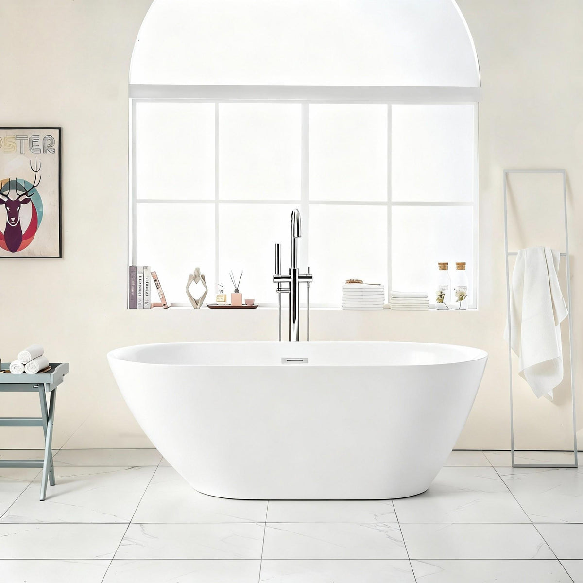 White acrylic freestanding soaking bathtub by HouseOfZazla in a bright bathroom on Tampa Home & Garden Store