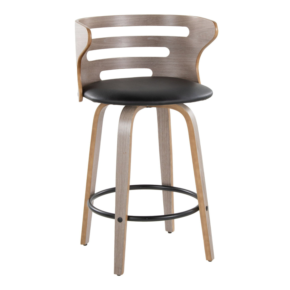 Mid Century Modern fixedheight barstool with swivel, black leather seat and curved wood back on Tampa Home & Garden Store
