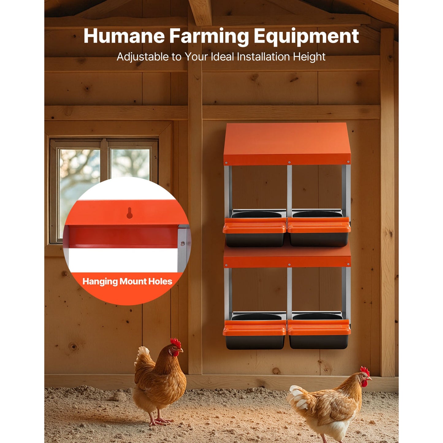 Chicken nesting boxes, 2-compartment, orange metal mounted to wood coop on Tampa Home & Garden Store
