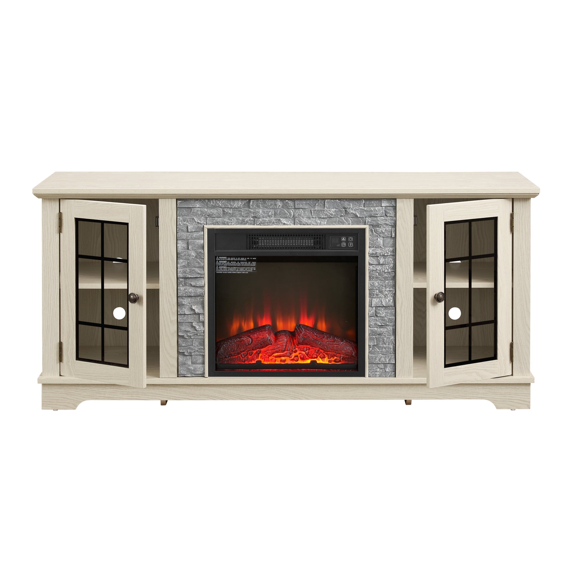 58-inch modern TV stand with electric fireplace, light wood finish, stone panel surround, storage by HouseOfZazla on Tampa Home & Garden Store