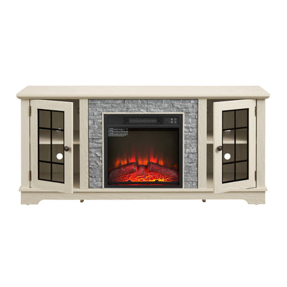 58-inch modern TV stand with electric fireplace, light wood finish, stone panel surround, storage by HouseOfZazla on Tampa Home & Garden Store