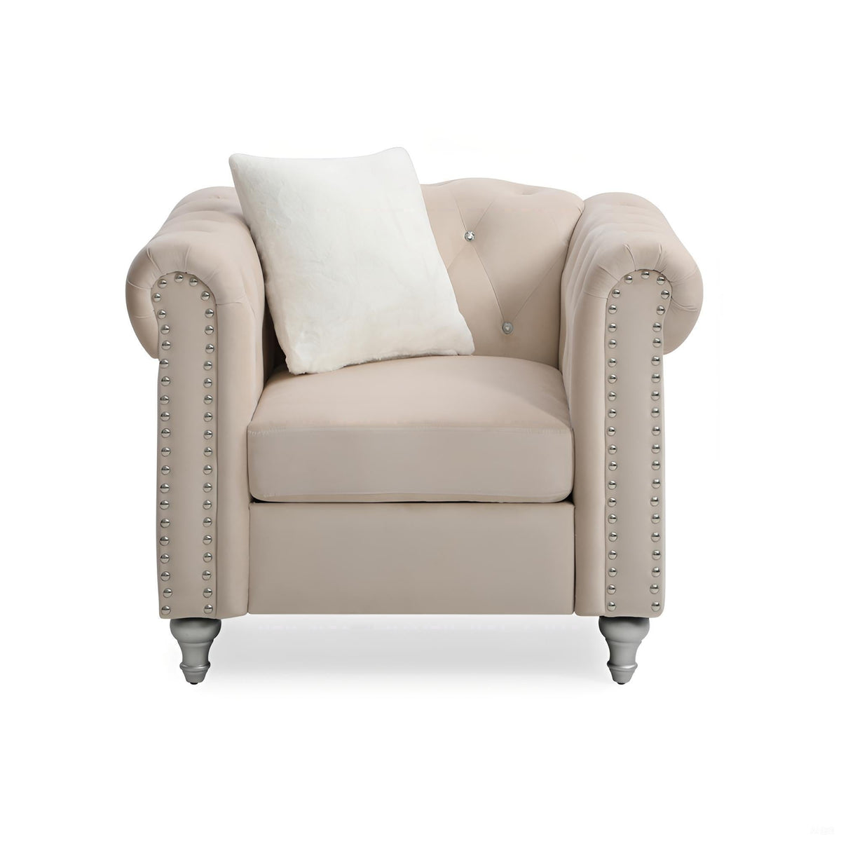 Contemporary beige lounge chair with nailhead trim and white pillow by HouseOfZazla on Tampa Home & Garden Store