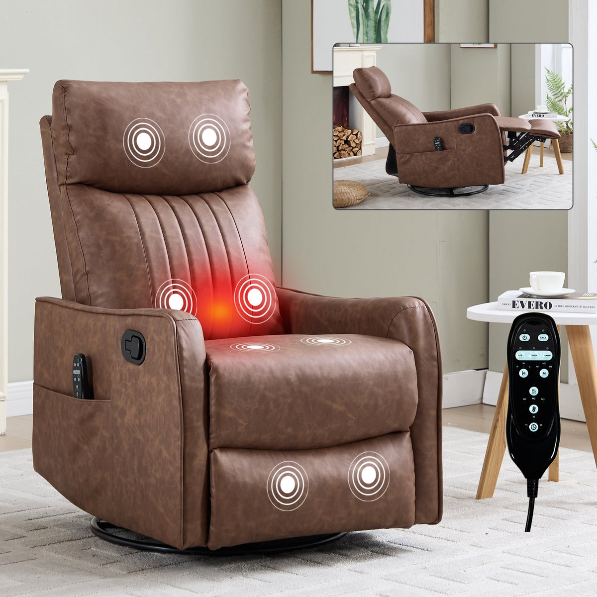 Brown heat massage manual recliner chair by HouseOfZazla with remote pocket on Tampa Home & Garden Store