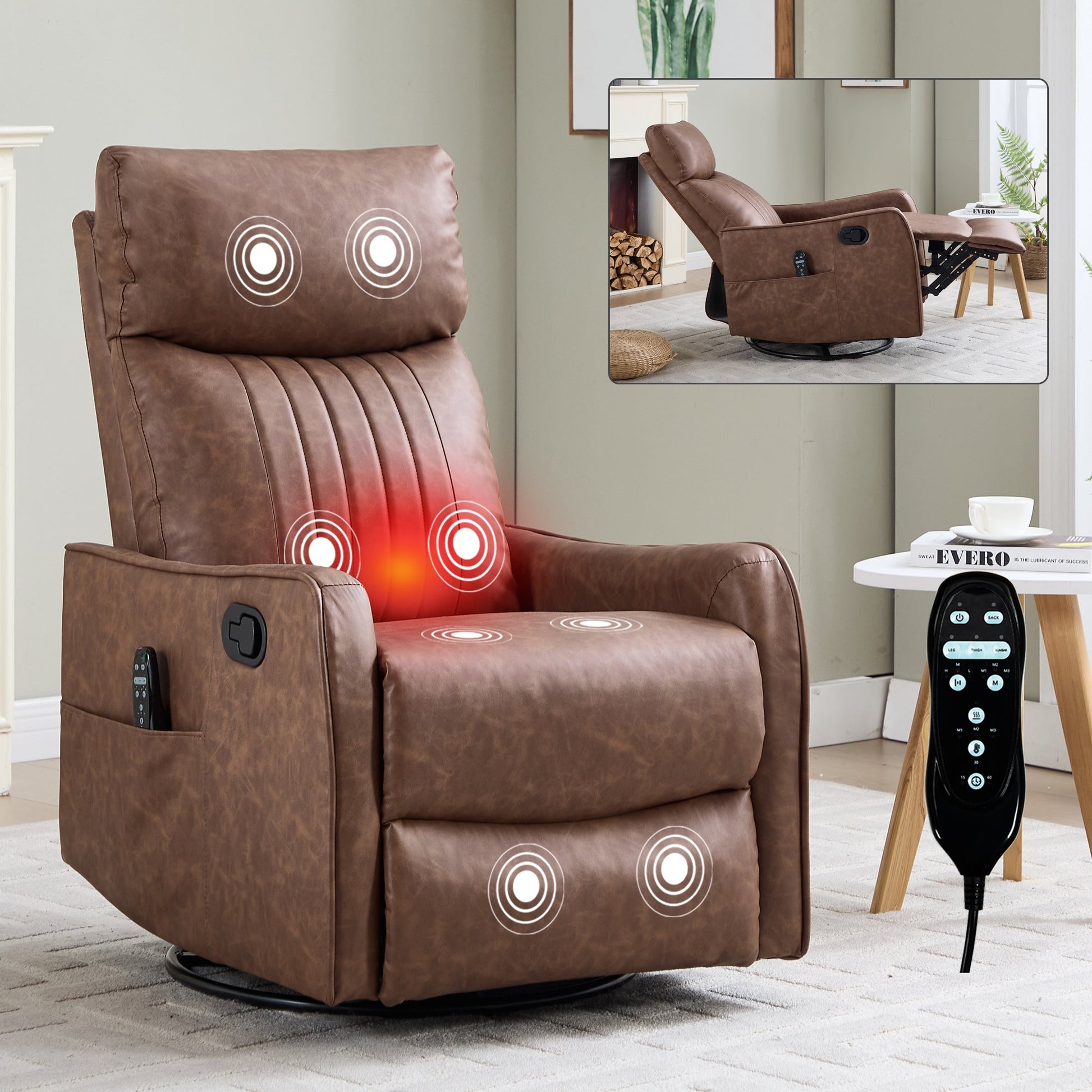 Brown heat massage manual recliner chair by HouseOfZazla with remote pocket on Tampa Home & Garden Store
