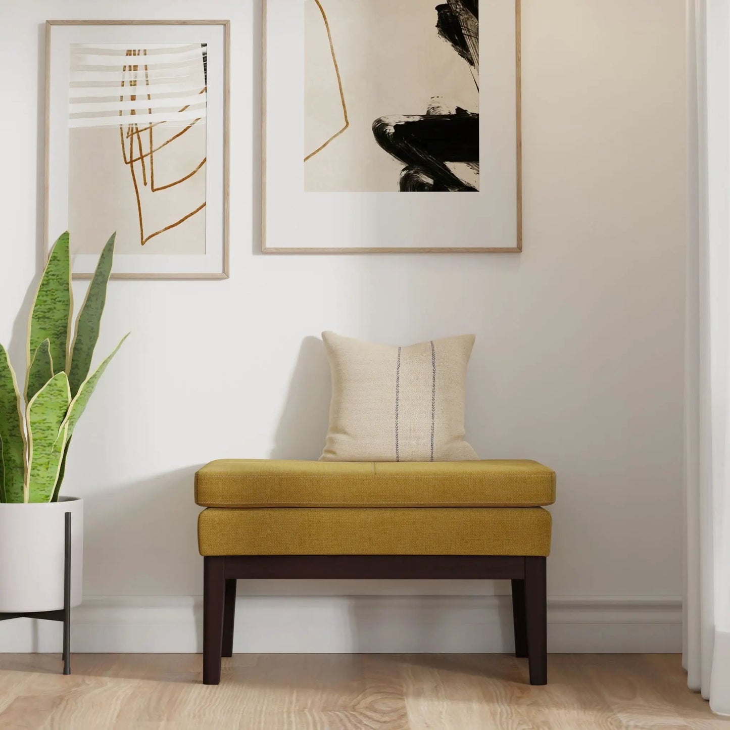 Carlson Ottoman Bench, mid-century design; mustard upholstery, dark wood legs, two stacked on Tampa Home & Garden Store