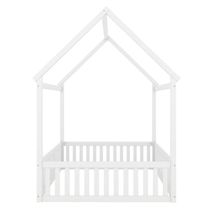 White wood house bed with fence and door by HouseOfZazla, a platform bed frame on Tampa Home & Garden Store