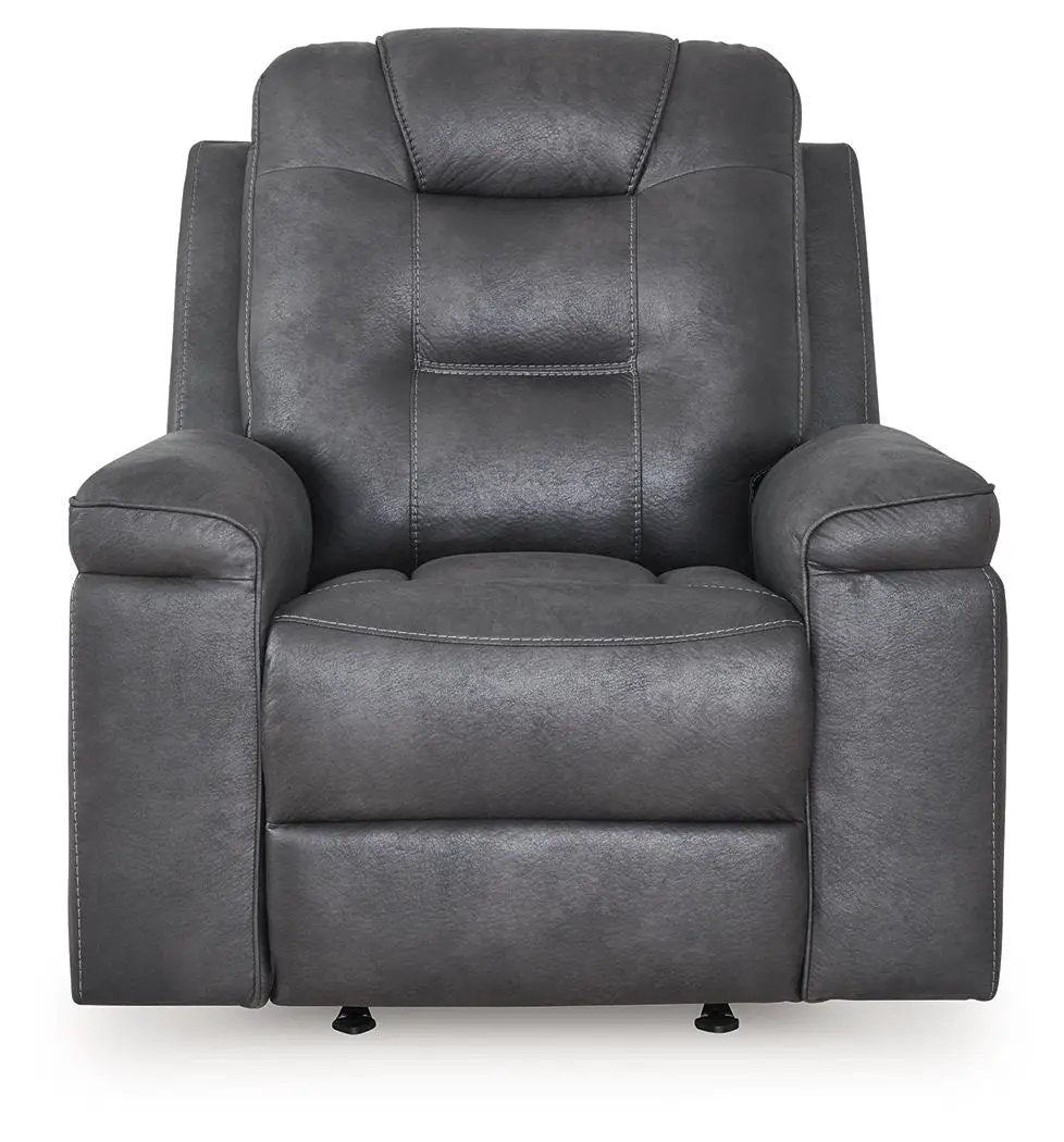 Stockworth rocker recliner Unique Piece Furniture charcoal gray faux leather with padded arms on Tampa Home & Garden Store