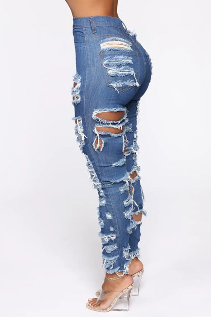 Women's FLIPSTYLEZLLC distressed cut-and-tear denim jeans, calf-length with ripped panels on Tampa Home & Garden Store