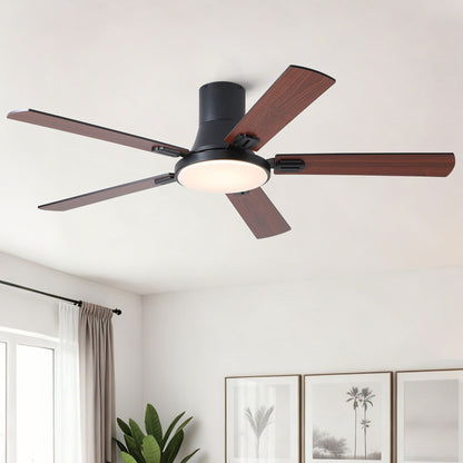 Flush Mount Ceiling Fan with LED Light and Remote, black motor with 5 walnut wood blades on Tampa Home & Garden Store