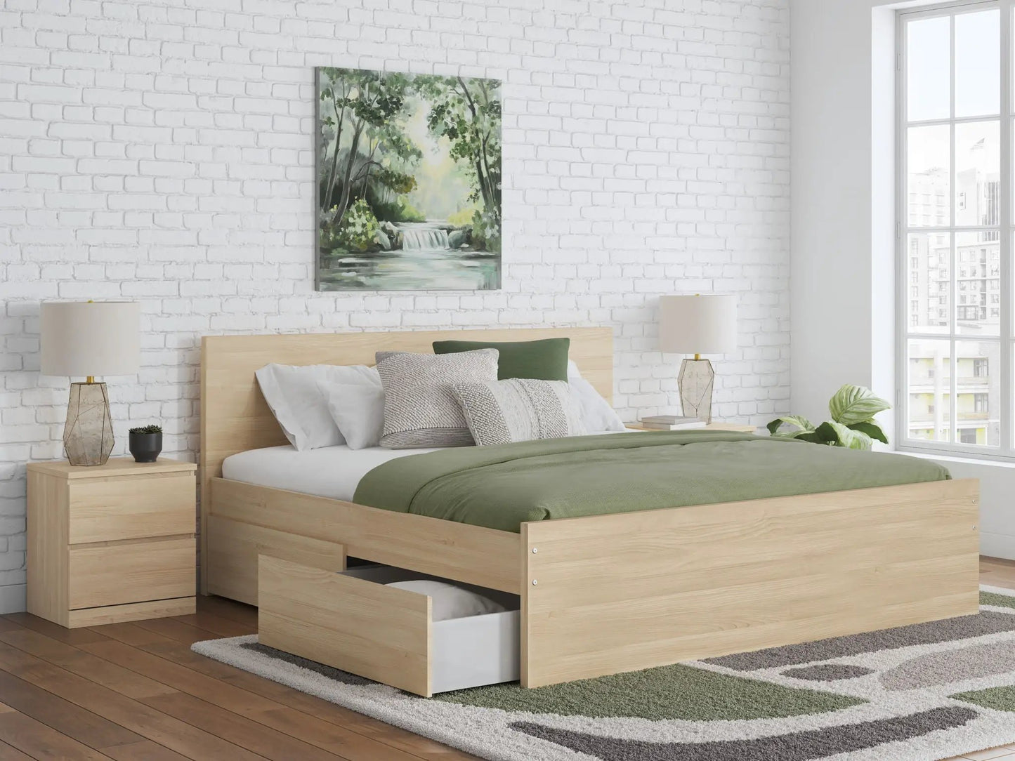 Onita Panel Bed with under-bed storage in light oak; bedside tables by Unique Piece Furniture on Tampa Home & Garden Store