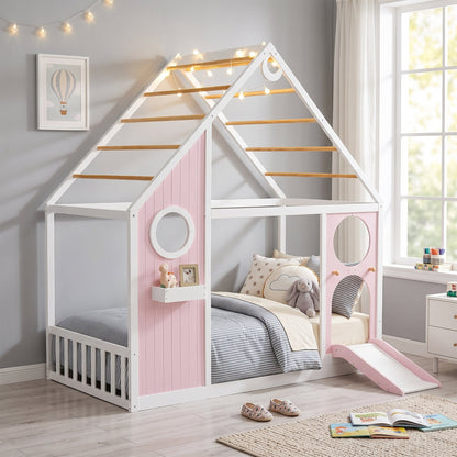 Twin house bed with slide playhouse design in pink and white with wooden ladder rungs on Tampa Home & Garden Store