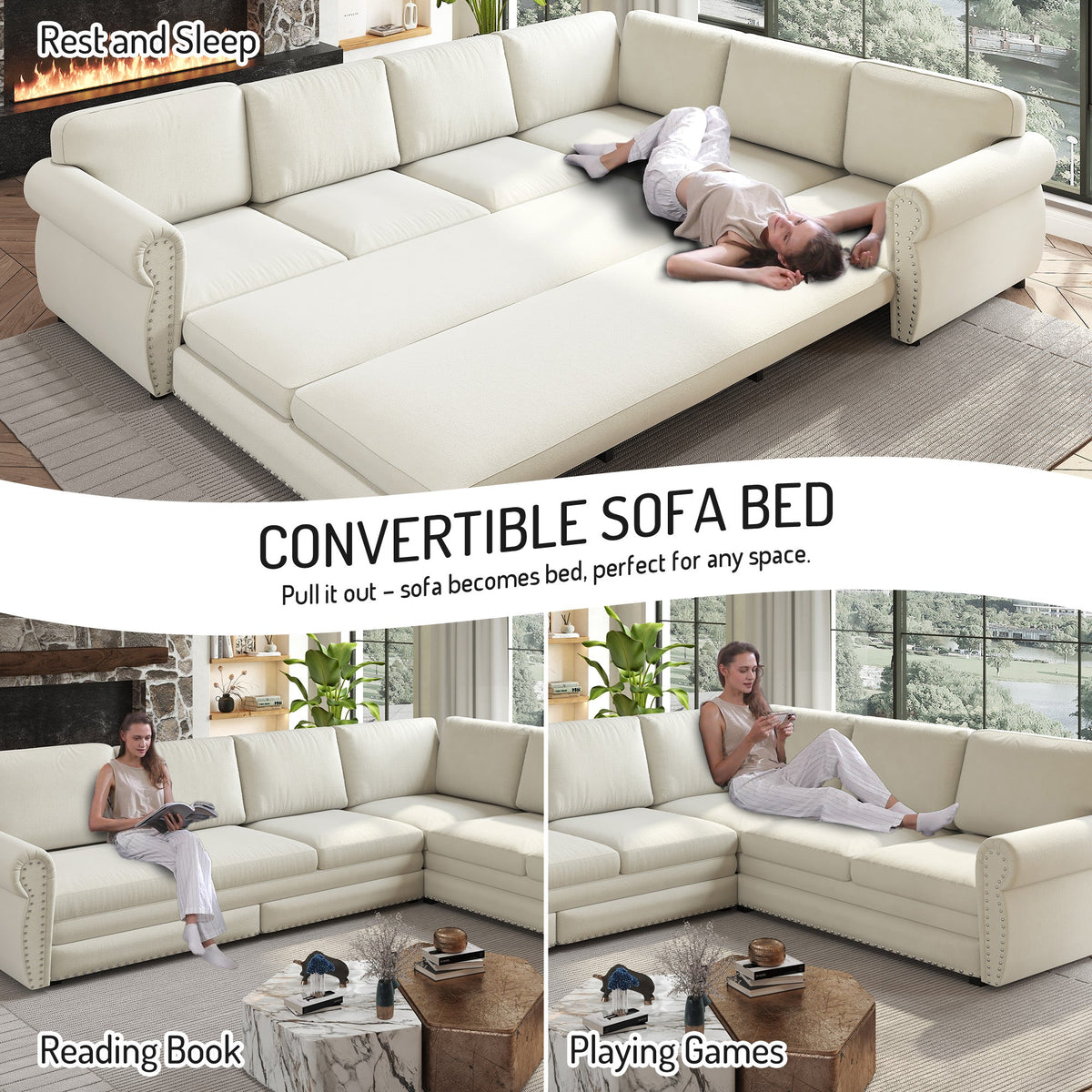 118-inch L-shaped convertible sofa bed in cream upholstery with nailhead trim by HouseOfZazla on Tampa Home & Garden Store