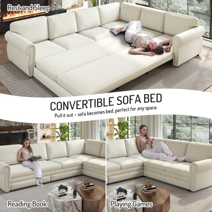 118-inch L-shaped convertible sofa bed in cream upholstery with nailhead trim by HouseOfZazla on Tampa Home & Garden Store