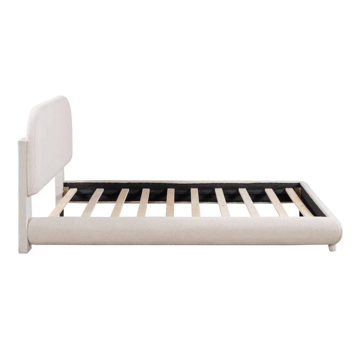 Upholstered platform bed with curved headboard and thick solid frame with wooden slats on Tampa Home & Garden Store