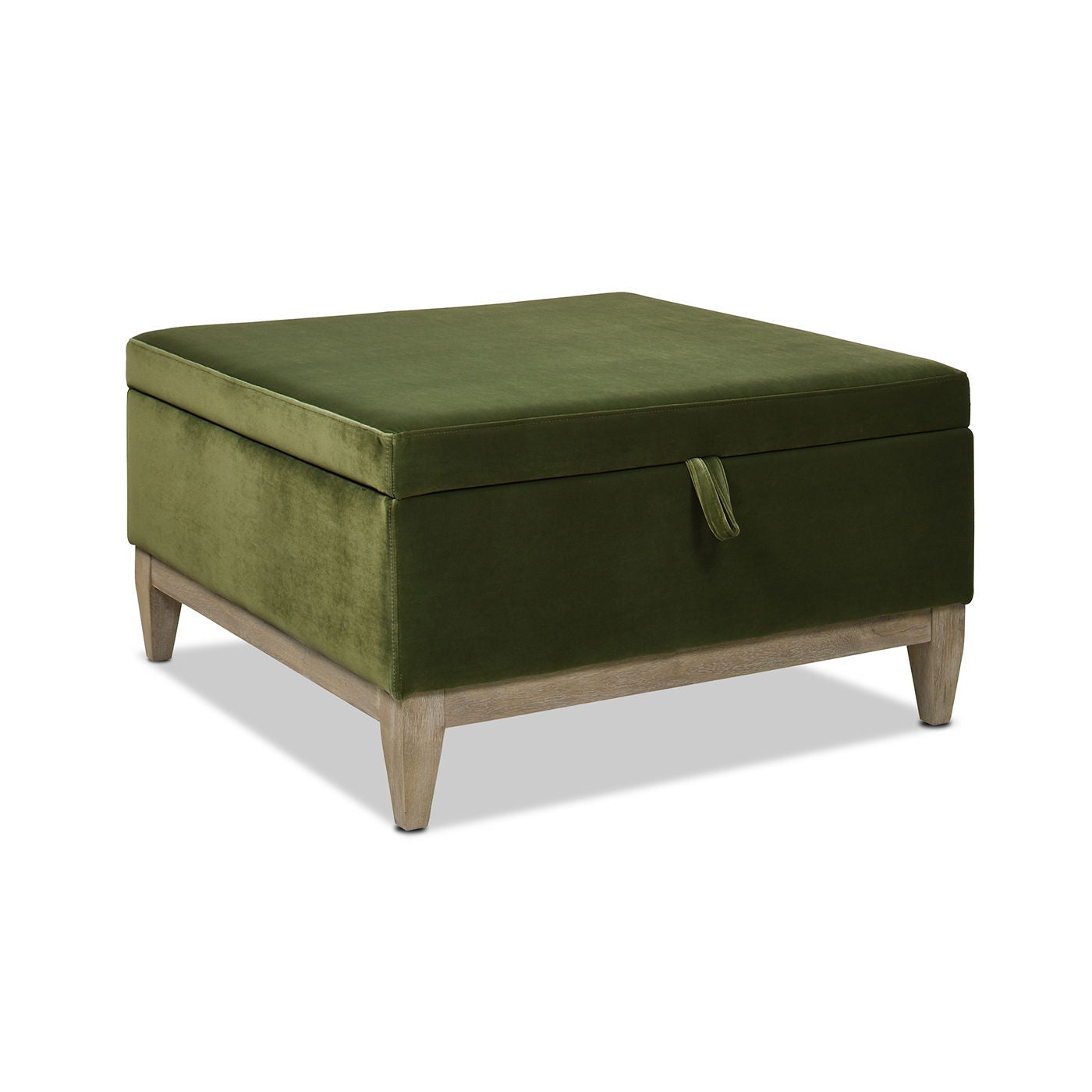 Knox square storage cocktail ottoman olive green velvet with light wood legs on Tampa Home & Garden Store