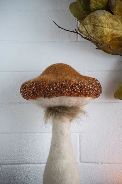 Mushroom holiday ornament beige and orange with fuzzy stem and glittery cap on Tampa Home & Garden Store