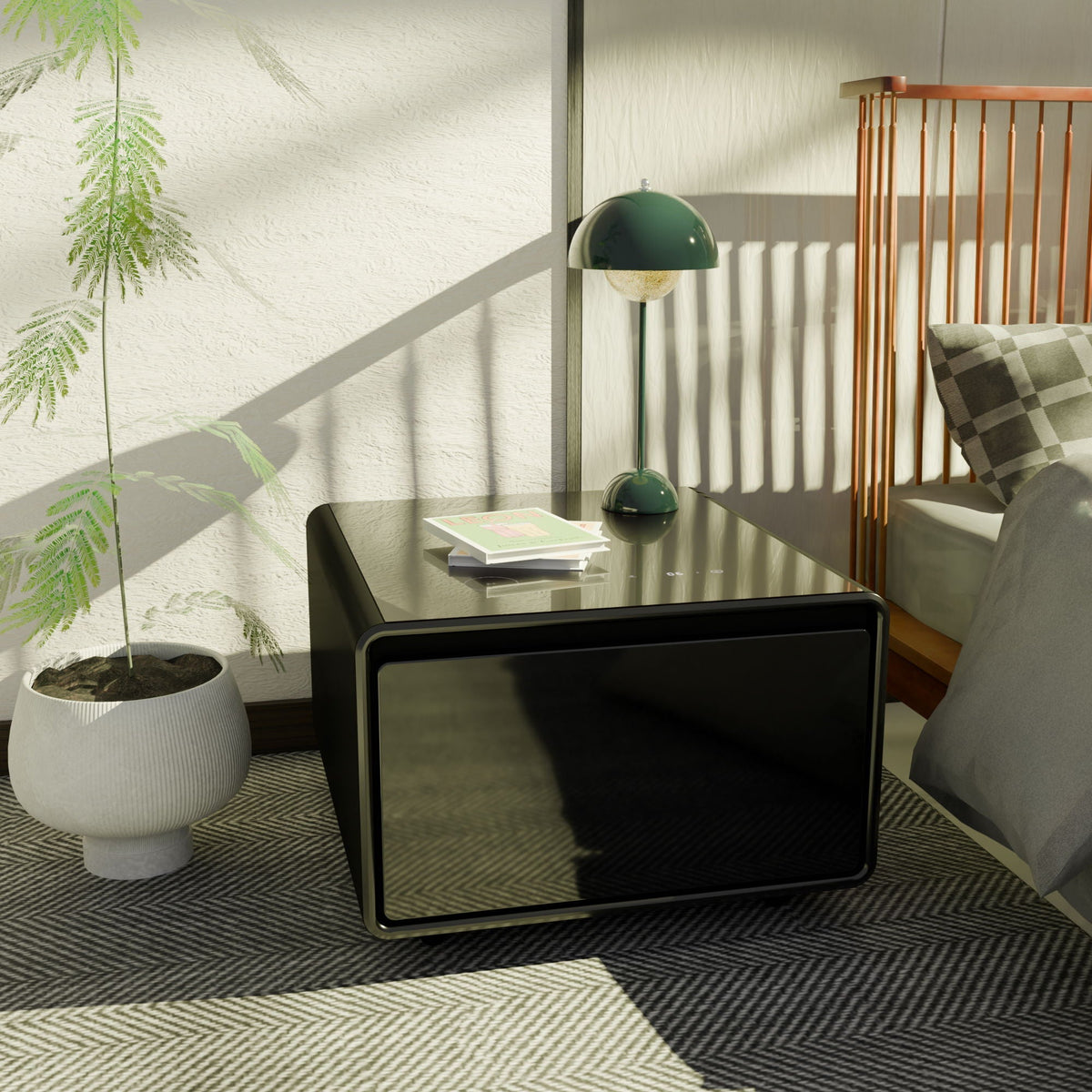 Smart coffee table with black glass top and rounded metal frame, magazines on surface on Tampa Home & Garden Store
