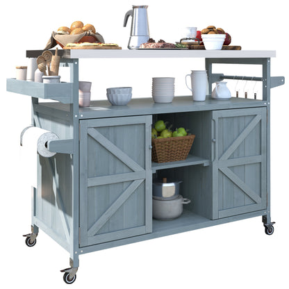 K&K Outdoor Kitchen Island rolling cart with storage cabinet in blue-gray wood wheels on Tampa Home & Garden Store