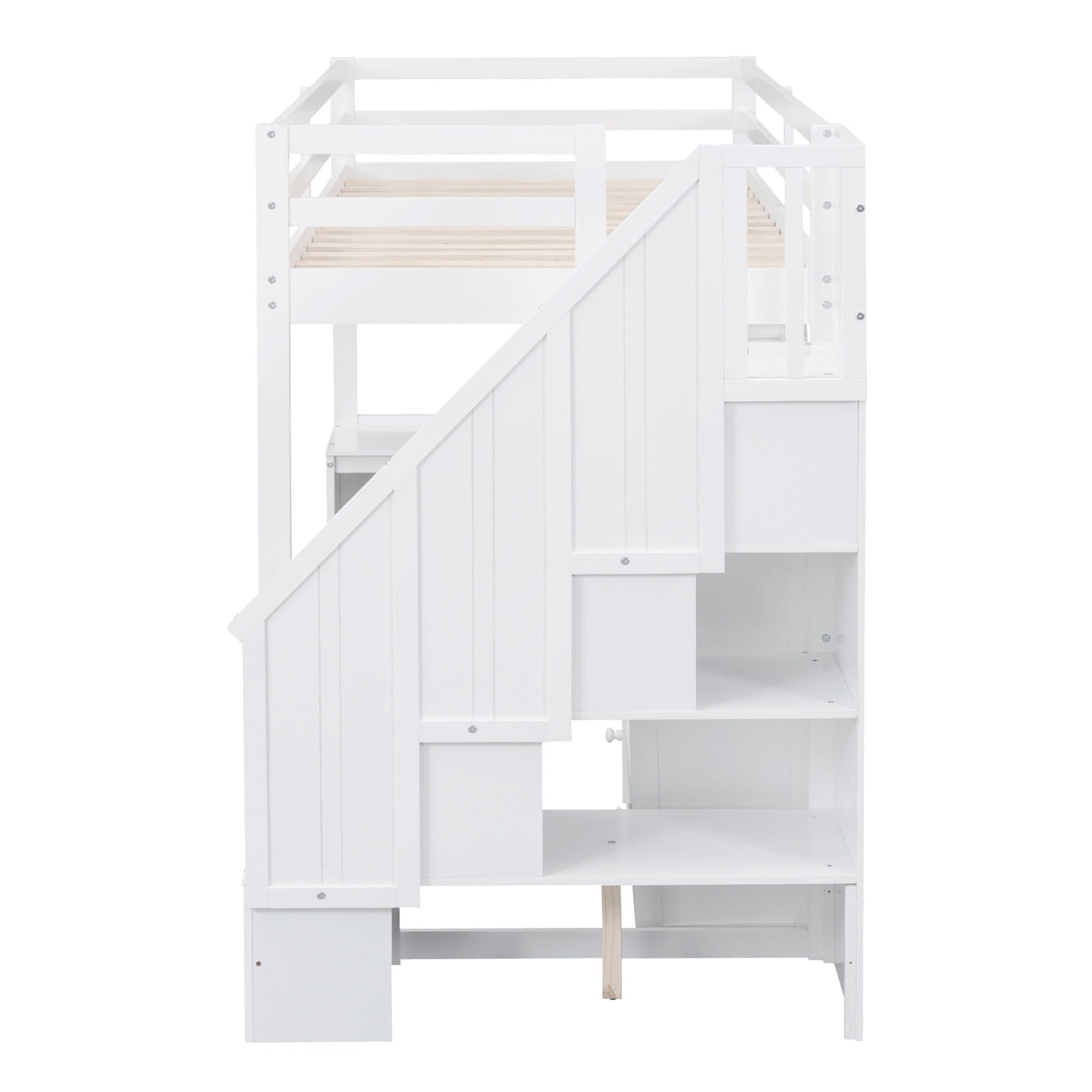 Loft bed with L-shaped desk and storage staircase in white wood by HouseOfZazla on Tampa Home & Garden Store