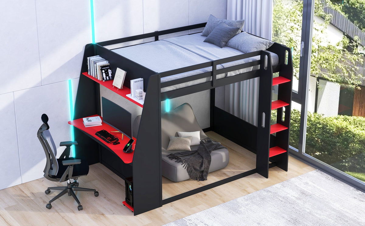 Full size black wooden gaming bunk bed with built-in red desk, red stairs, gray bedding and LED lighting on Tampa Home & Garden Store