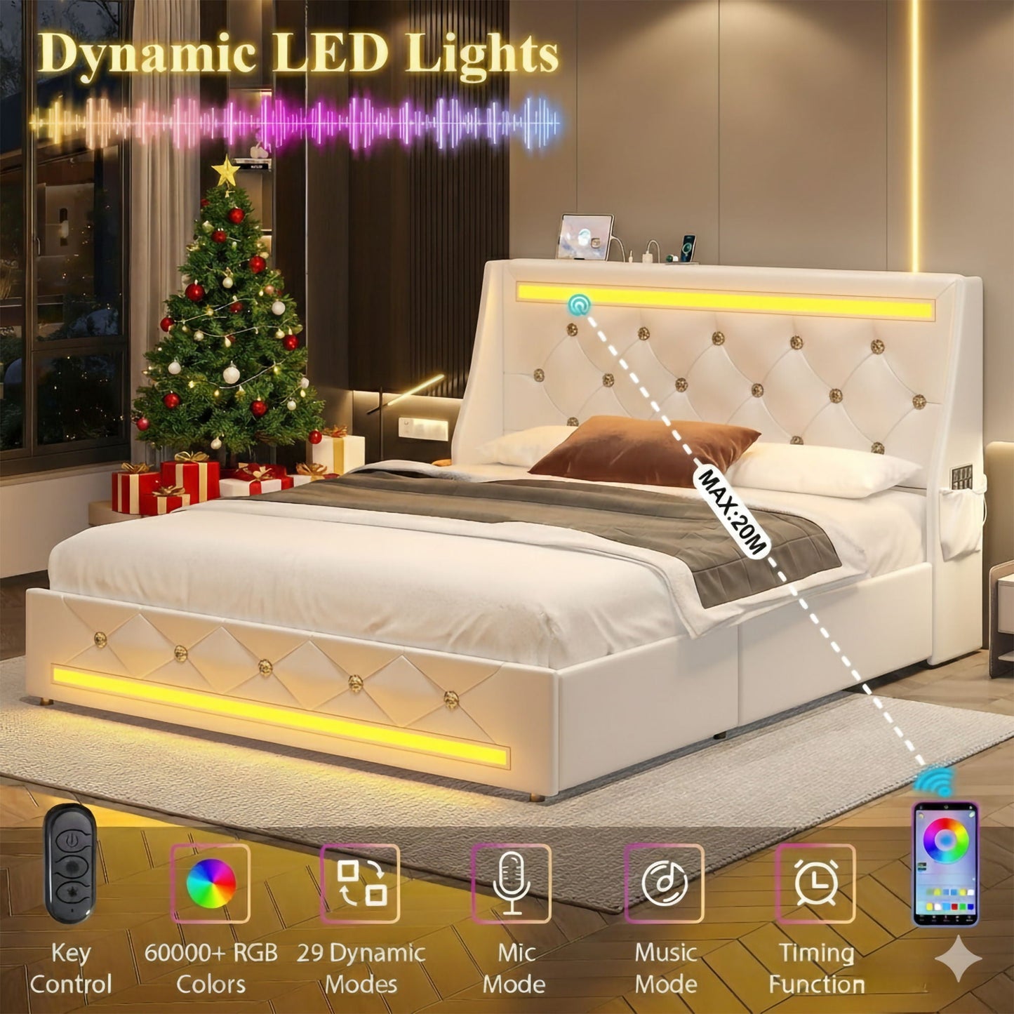 Wingback Upholstered Bed Frame Led and Usb