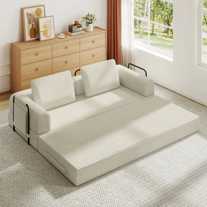 Convertible sleeper sofa bed with cylindrical pillow in beige striped fabric, fixed-frame on Tampa Home & Garden Store
