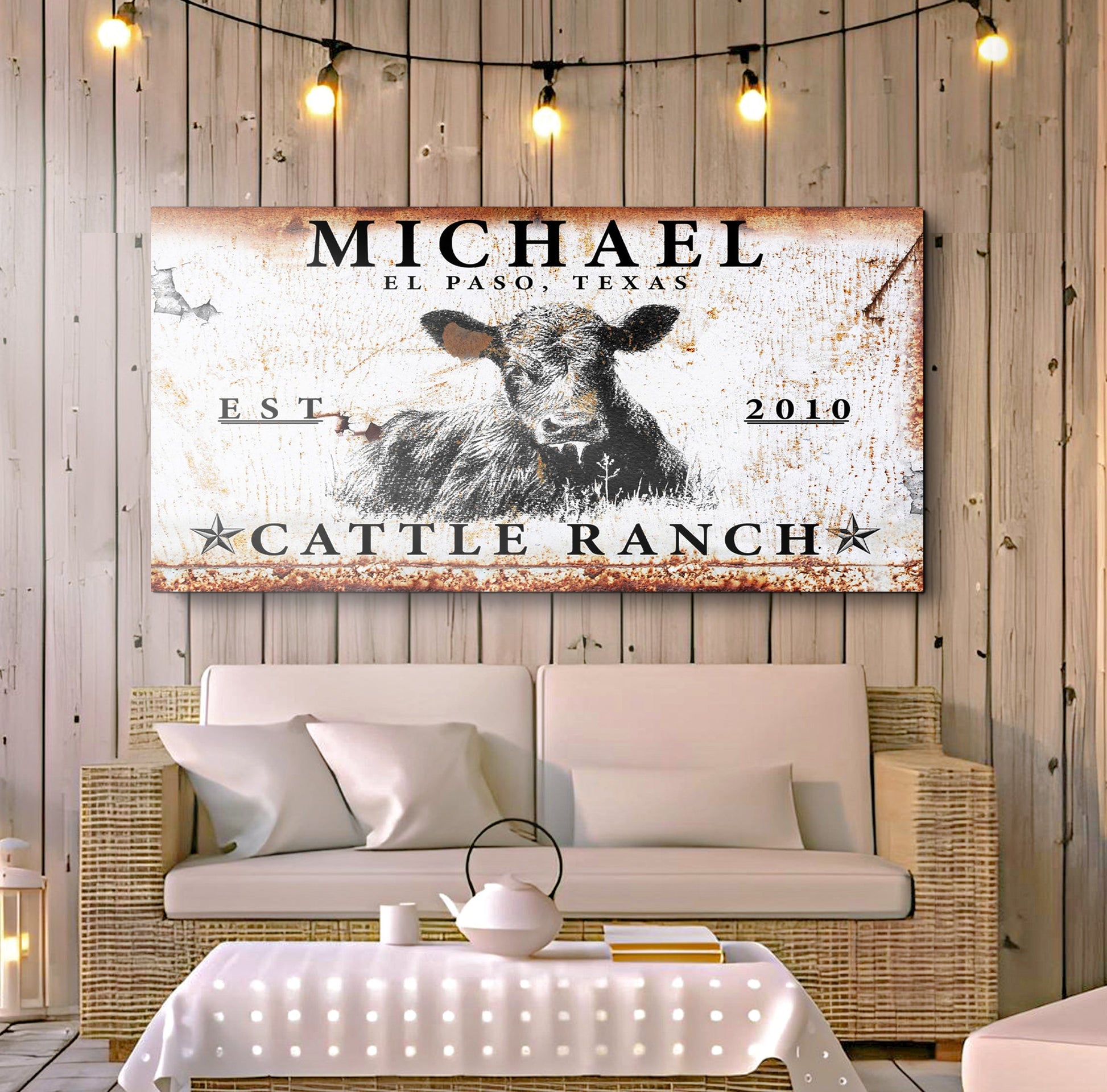 Cattle Ranch canvas sign by Tailored Canvases with rustic rust border and cow image on Tampa Home & Garden Store