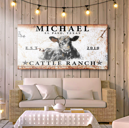 Cattle Ranch canvas sign by Tailored Canvases with rustic rust border and cow image on Tampa Home & Garden Store