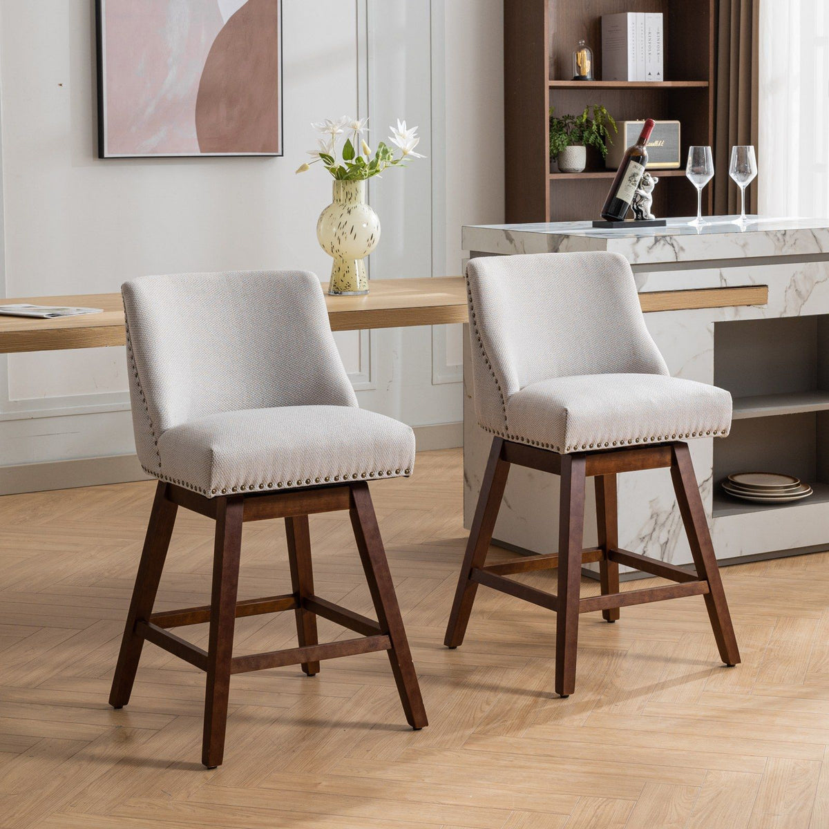 Counter Height Swivel Barstools, set of 2; upholstered seats, nailhead trim, dark wood legs on Tampa Home & Garden Store