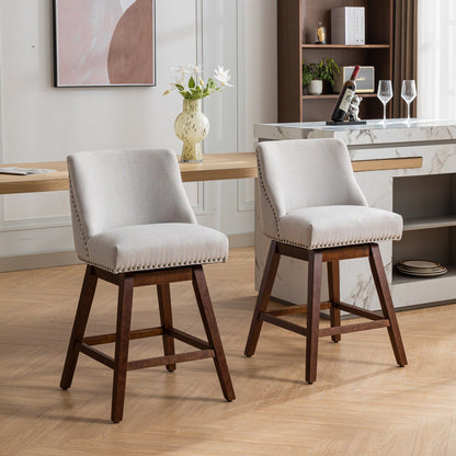 Counter Height Swivel Barstools, set of 2; upholstered seats, nailhead trim, dark wood legs on Tampa Home & Garden Store