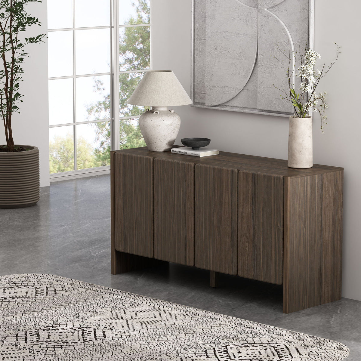 Linda Sideboard by HouseOfZazla in dark brown wood veneer with lamp, books and vase decor on Tampa Home & Garden Store