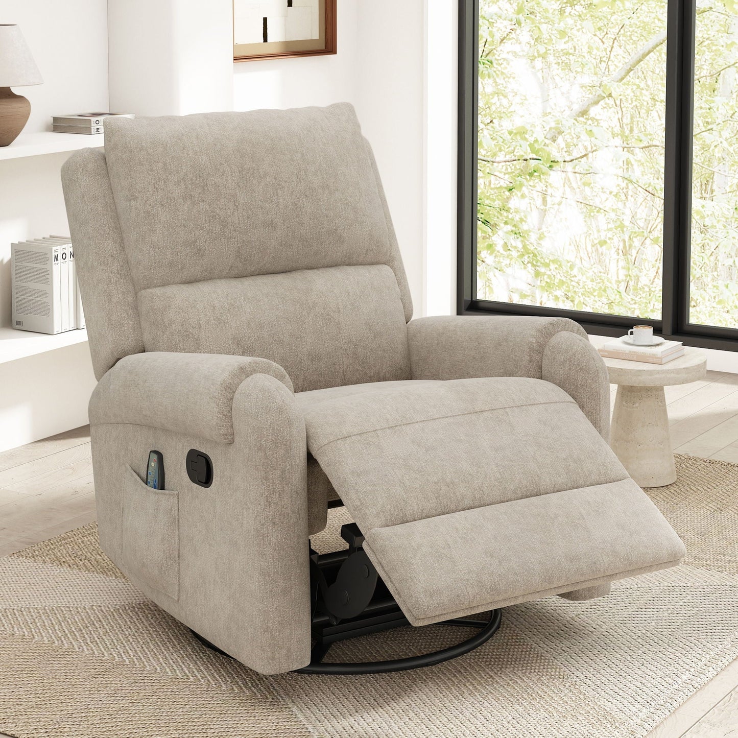 Manual recliner massage chair in light gray fabric with swivel rocker remote in side pocket on Tampa Home & Garden Store