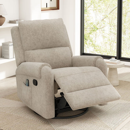 Manual recliner massage chair in light gray fabric with swivel rocker remote in side pocket on Tampa Home & Garden Store