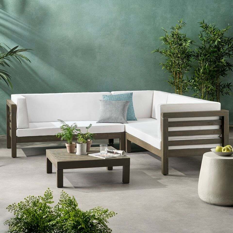 OANA 3-piece outdoor wooden sectional sofa set with white cushions, dark wood frame on Tampa Home & Garden Store