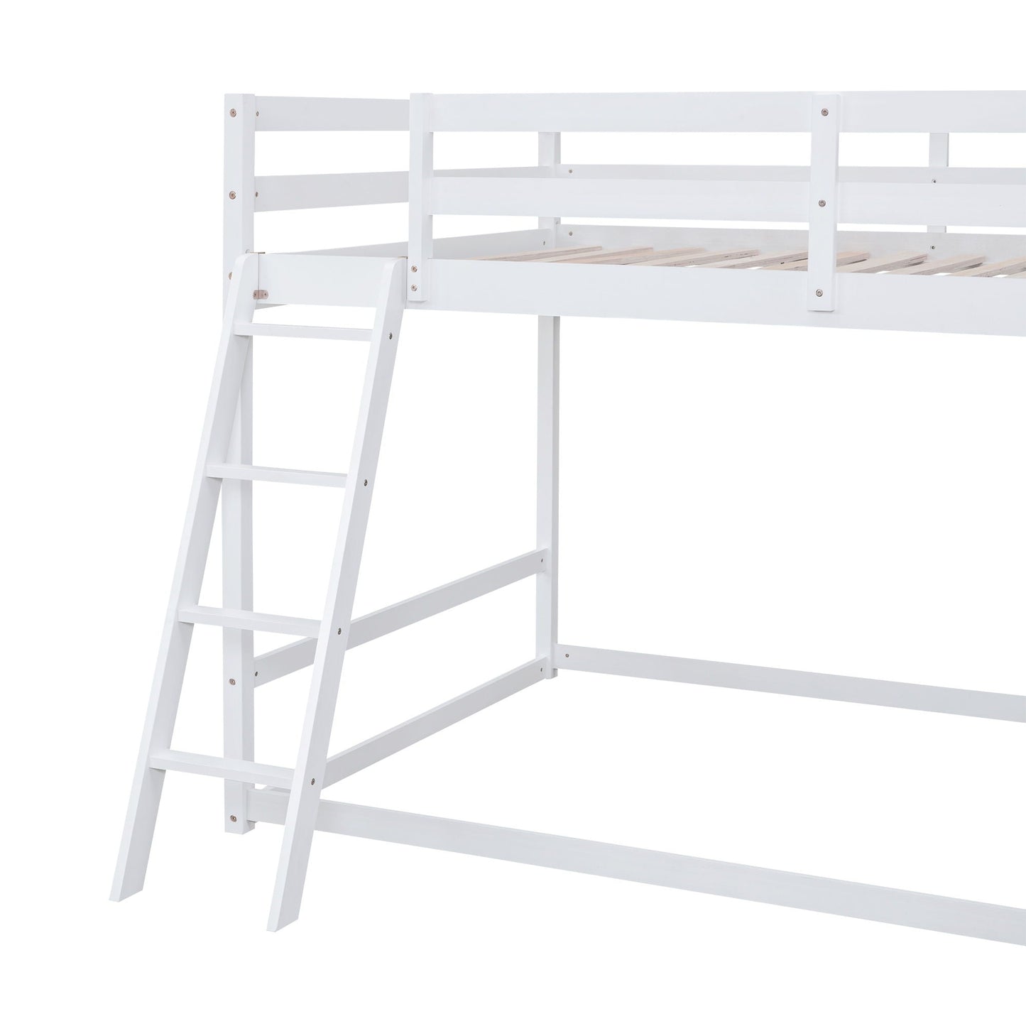 Bunk bed frame with white finish, left ladder, and natural pine slats on the lower bunk on Tampa Home & Garden Store
