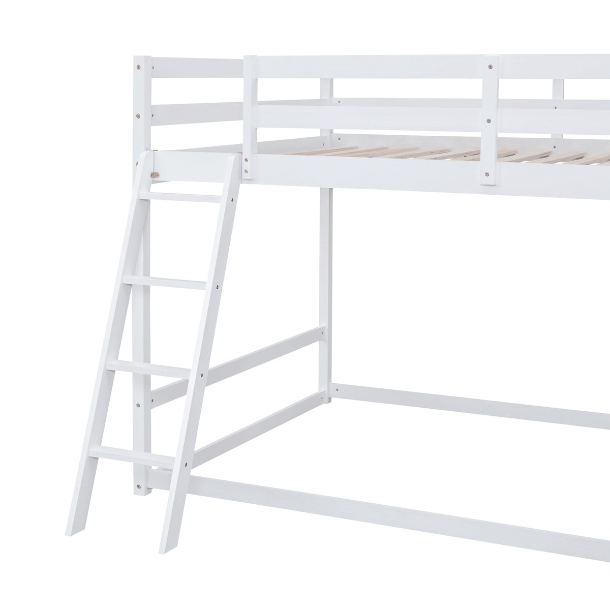 Bunk bed frame with white finish, left ladder, and natural pine slats on the lower bunk on Tampa Home & Garden Store