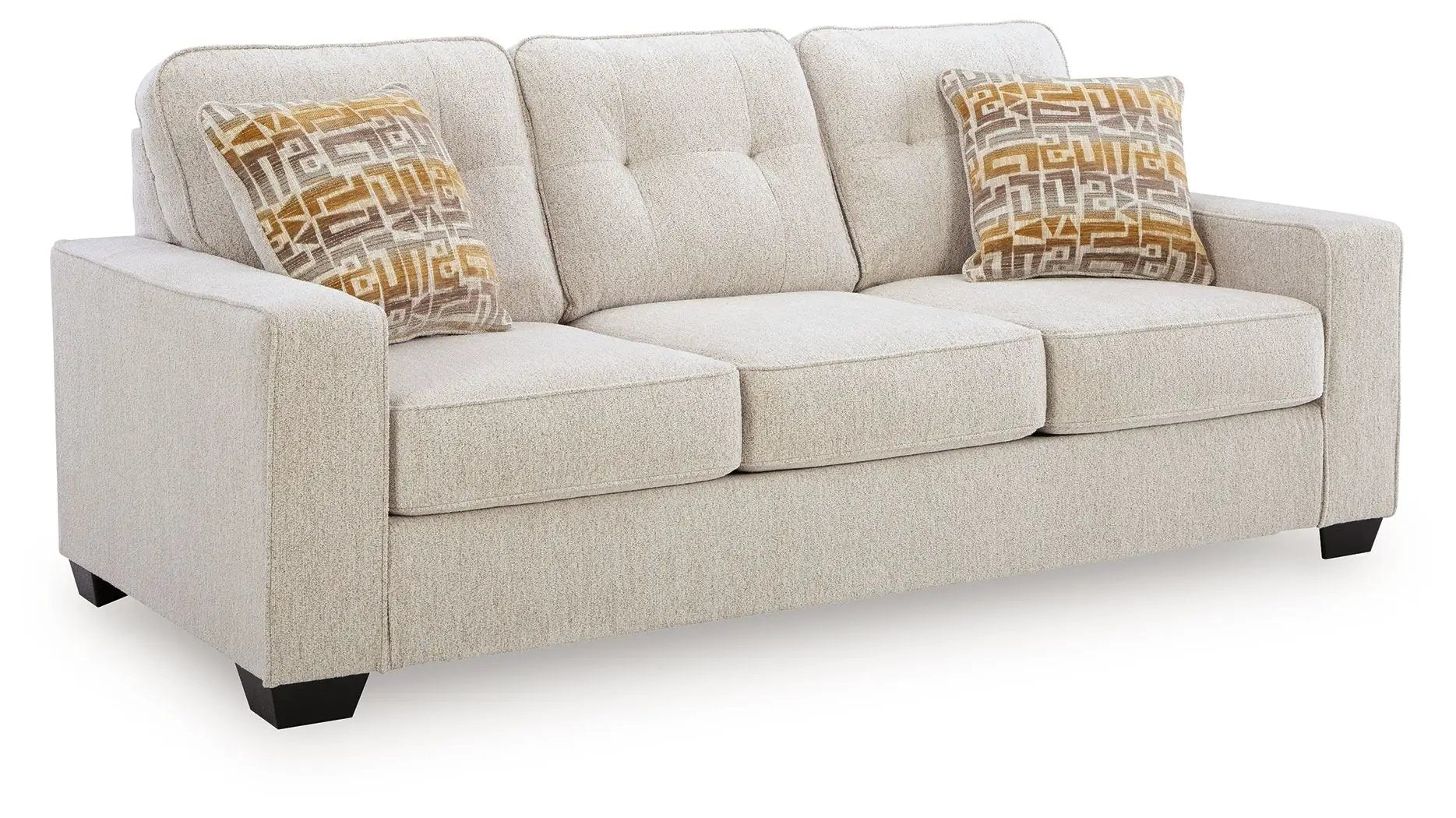 Larimer Sofa, beige textured 3-seat sofa with tufted back and mustard pillows on Tampa Home & Garden Store
