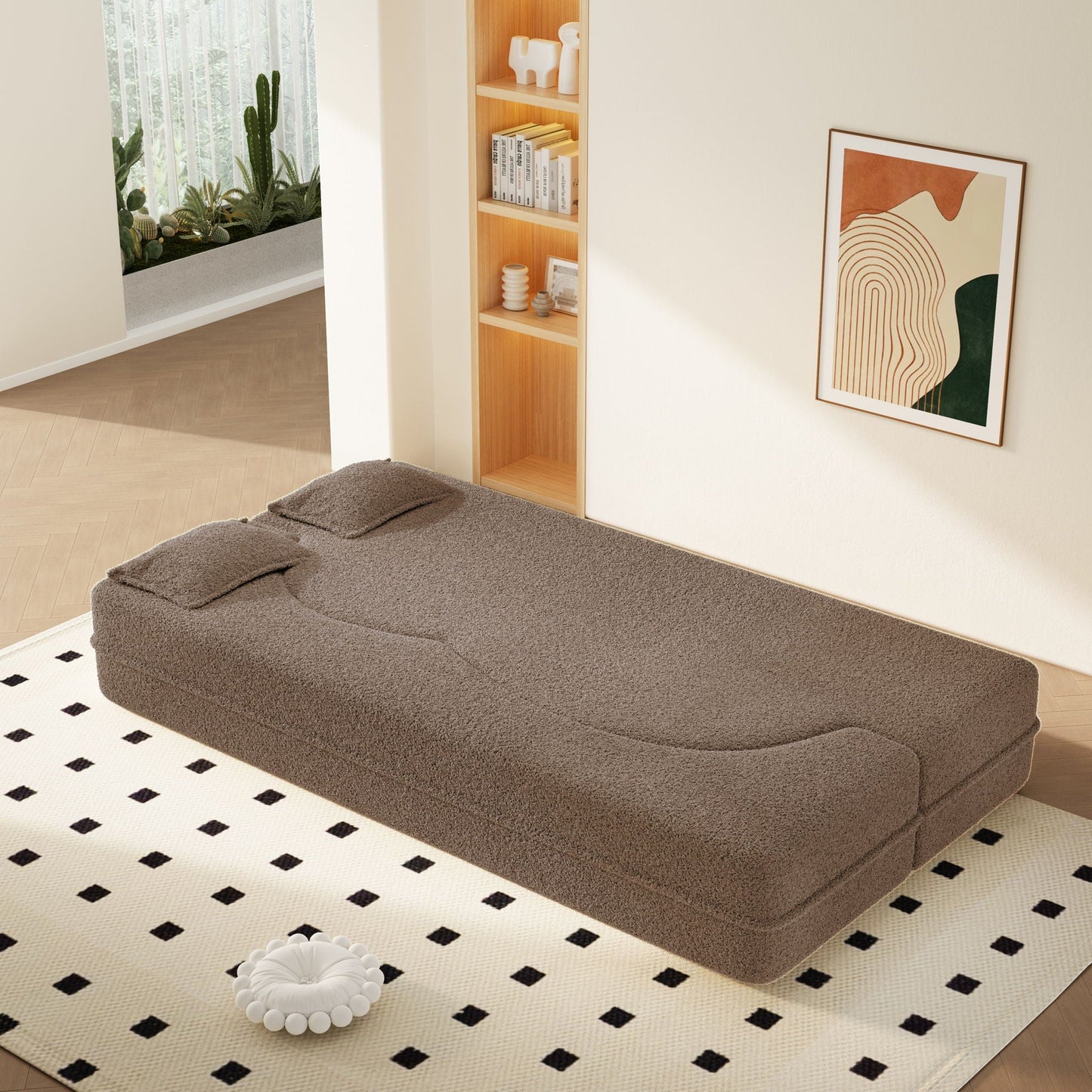 Modern Floor Sleeper Sofa Bed And Two Pillows