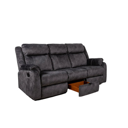 Domino reclining sofa in dark gray fabric with white contrast stitching and pull-out tray on Tampa Home & Garden Store