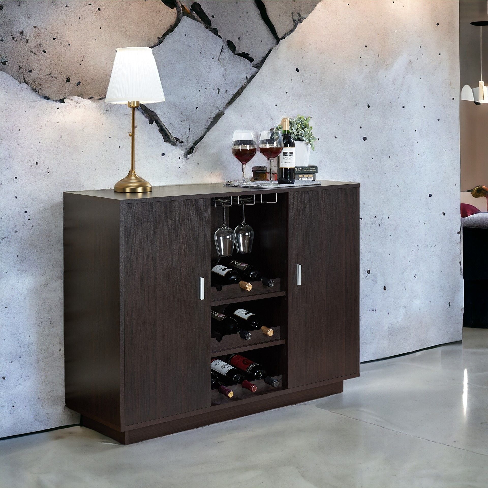 Hazen Wine Cabinet II Espresso dark wood with built in wine racks and glassware on Tampa Home & Garden Store