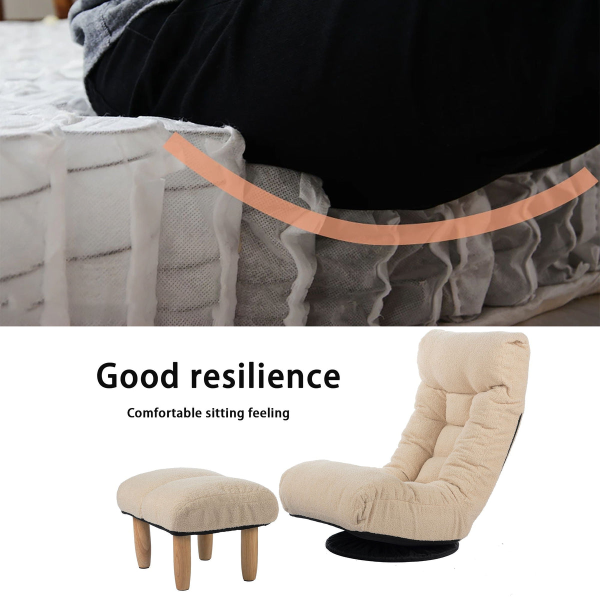Two beige adjustable Japanese reclining floor chairs with wooden legs and metal frames on white background on Tampa Home & Garden Store
